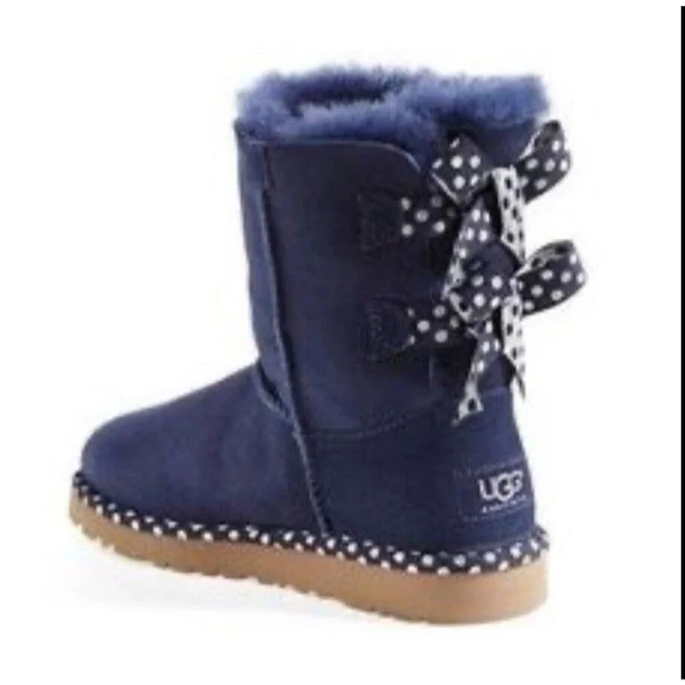 UGG Bailey Bow Boots Toddler Girls 6 Purple Suede Polka Dot Sheepskin Fur
